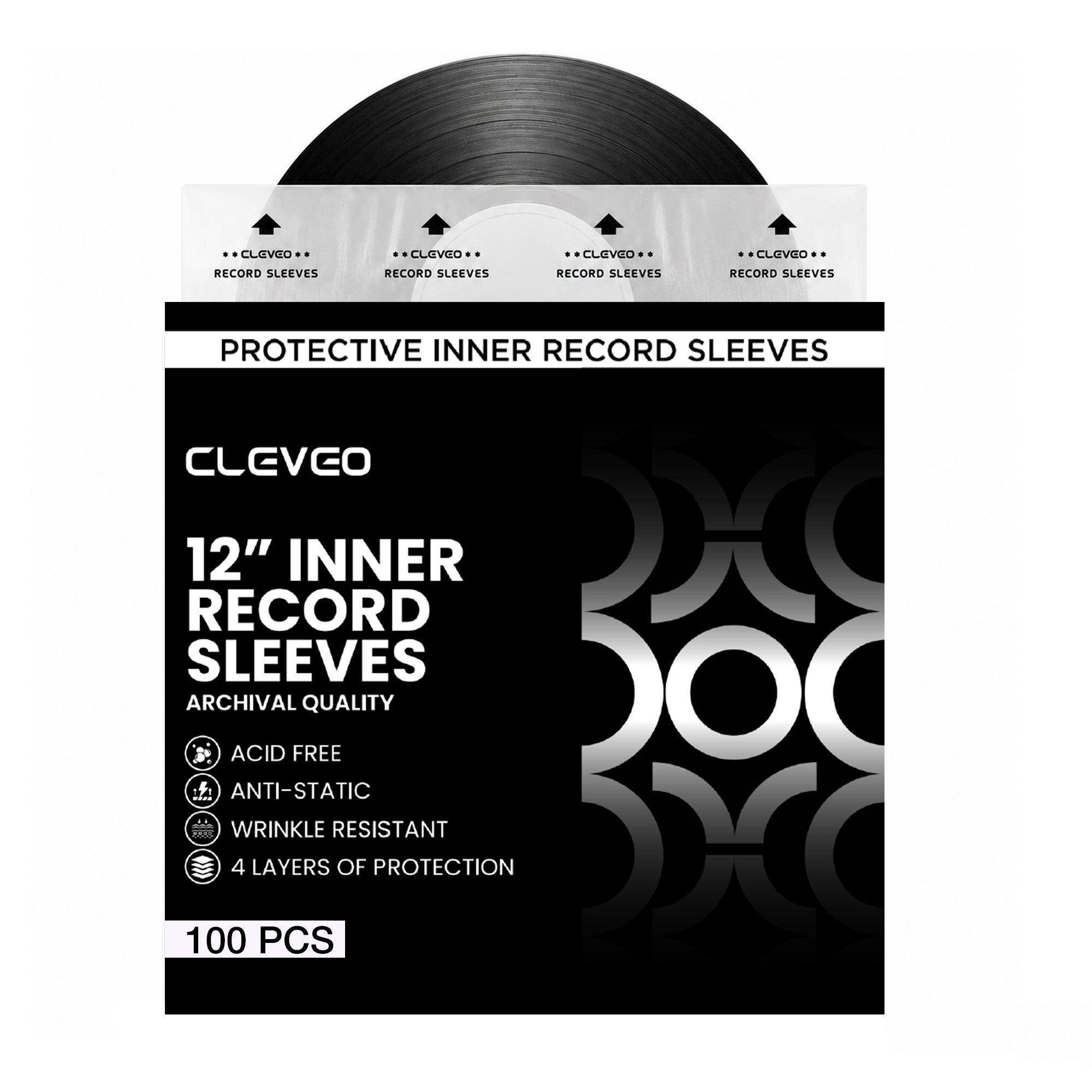 Cleveo Anti-Static Vinyl Record Inner Sleeves - 12" Rice Paper Acid-Free LP Sleeves - Clear Archival Quality - Premium Protection for Records Against Dust, Dirt, Scratches & Static
