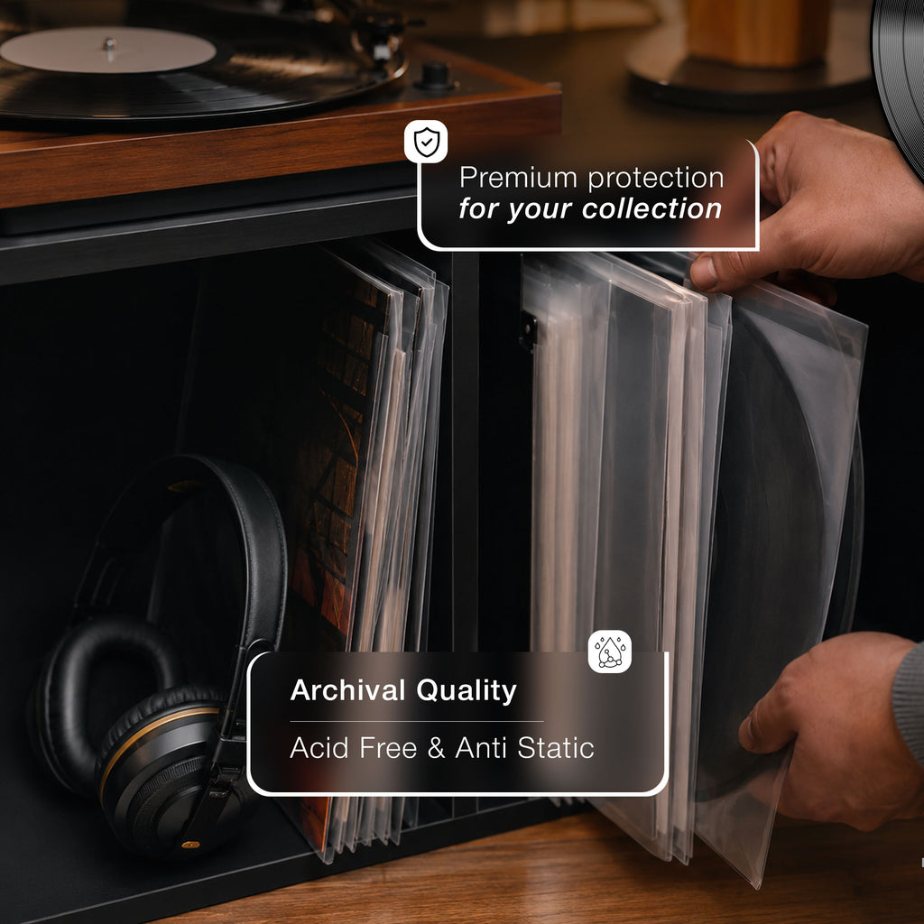 Cleveo Anti-Static Vinyl Record Inner Sleeves - 12" Rice Paper Acid-Free LP Sleeves - Clear Archival Quality - Premium Protection for Records Against Dust, Dirt, Scratches & Static