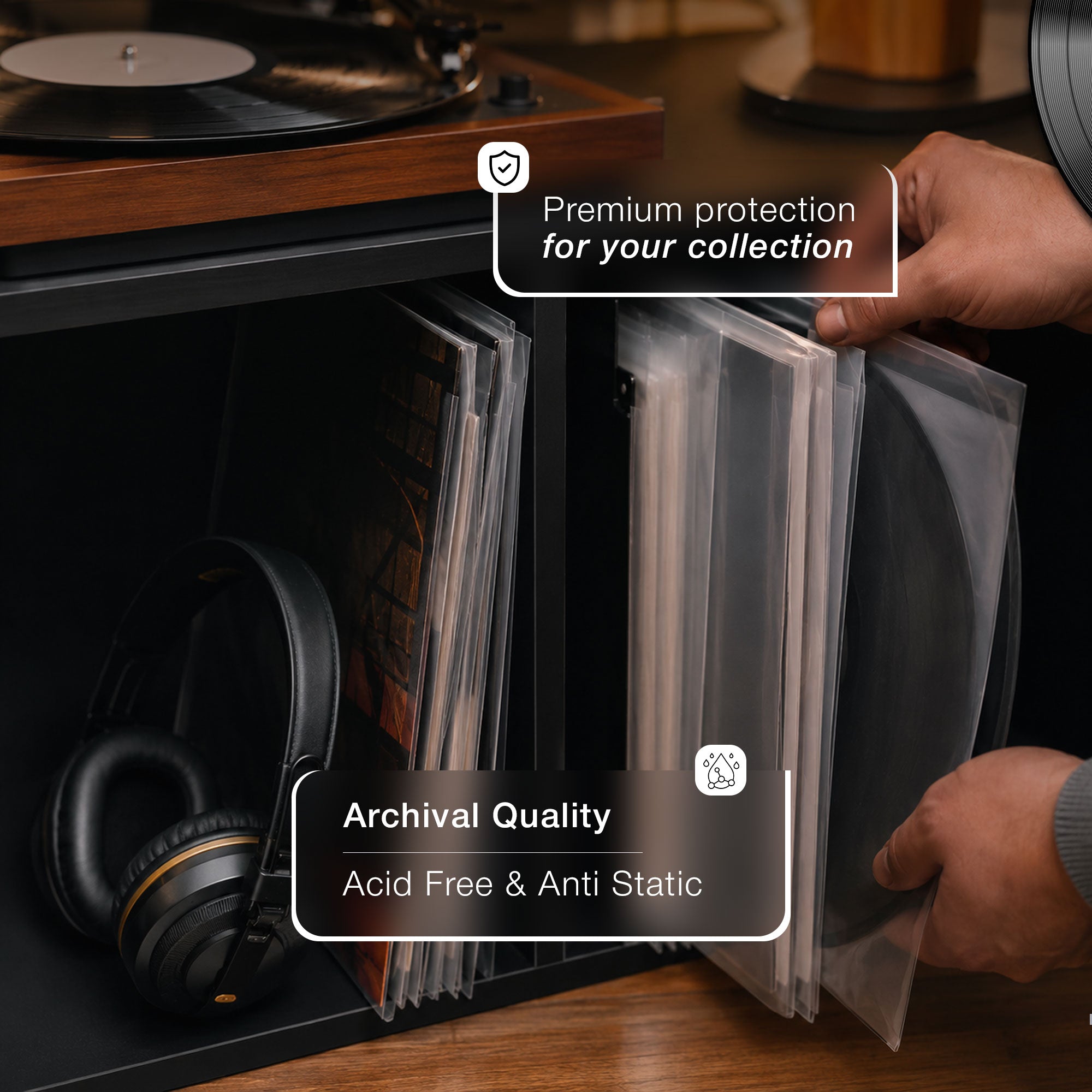 Cleveo Anti-Static Vinyl Record Inner Sleeves - 12" Rice Paper Acid-Free LP Sleeves - Clear Archival Quality - Premium Protection for Records Against Dust, Dirt, Scratches & Static