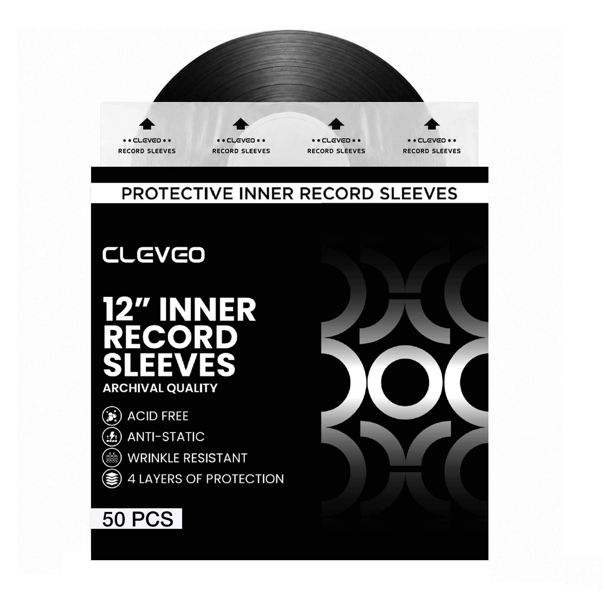 Cleveo Anti-Static Vinyl Record Inner Sleeves - 12" Rice Paper Acid-Free LP Sleeves - Clear Archival Quality - Premium Protection for Records Against Dust, Dirt, Scratches & Static