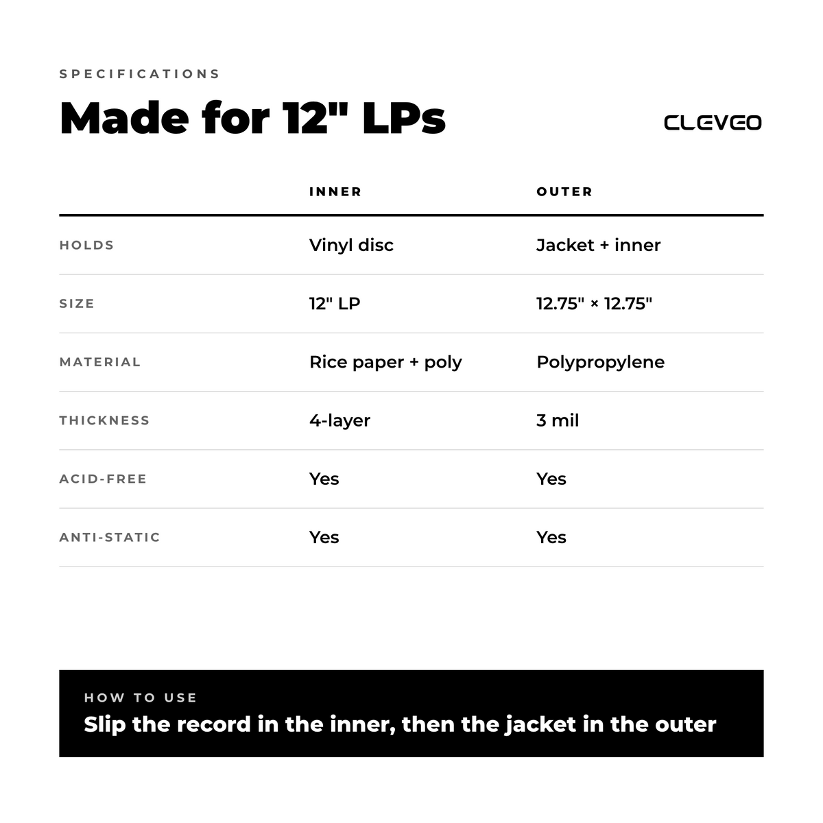 Cleveo Vinyl Record Inner & Outer Sleeves — Record Protection Pack